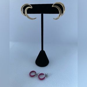 Double crescent shape gold tone, small hot pink color back post earrings
